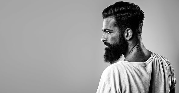 Uomo, modello, barba, bianco e nero, uomo, tatuaggio, Sfondo HD HD wallpaper