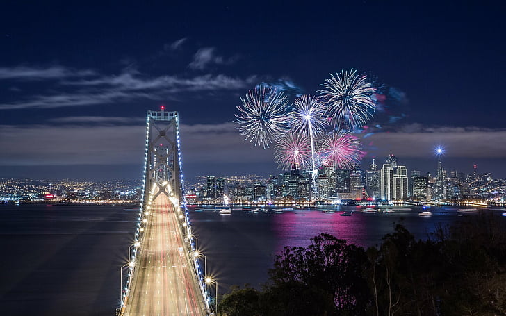 Cities, San Francisco, Bridge, California, City, Fireworks, Light, Night, USA, HD wallpaper