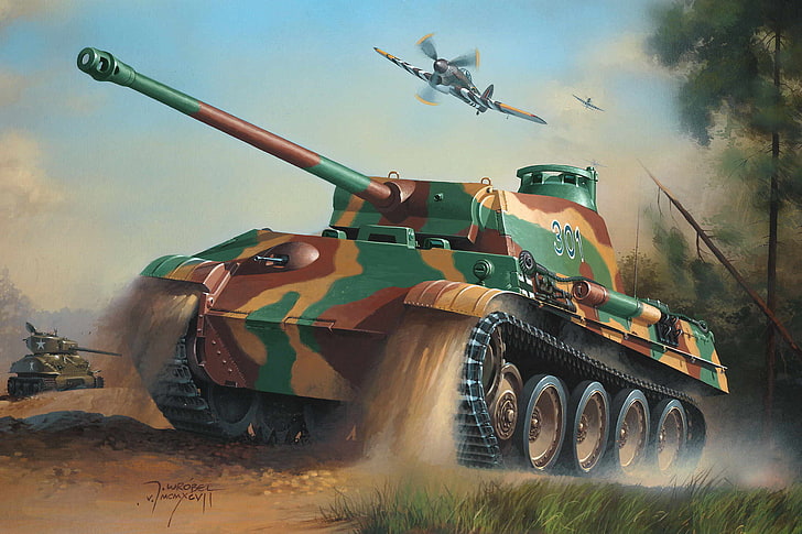 green and brown battle vehicle, war, art, army, painting, drawing, ww2, the hawker tempest, geman tanks, sherman tank, panther tank, HD wallpaper