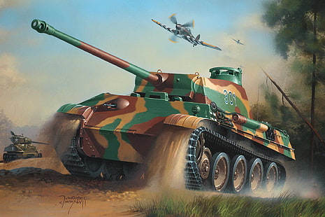 녹색과 갈색 전투 차량, 전쟁, 미술, 육군, 그림, 그림, ww2, 호커 폭풍우, 게만 탱크, 셔먼 탱크, 표범 탱크, HD 배경 화면 HD wallpaper