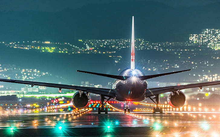 أضواء الليل المناظر الطبيعية مطار هيل المدرج اليابان أجنحة أوساكا التوربينات cityscape الرؤية الخلفية طائرات الركاب، خلفية HD