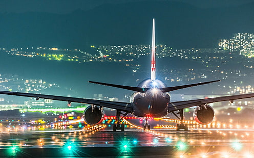 landschaft nachtlichter flughafen hügel landebahn japan osaka flügel turbine stadtbild rückansicht passagierflugzeug, HD-Hintergrundbild HD wallpaper