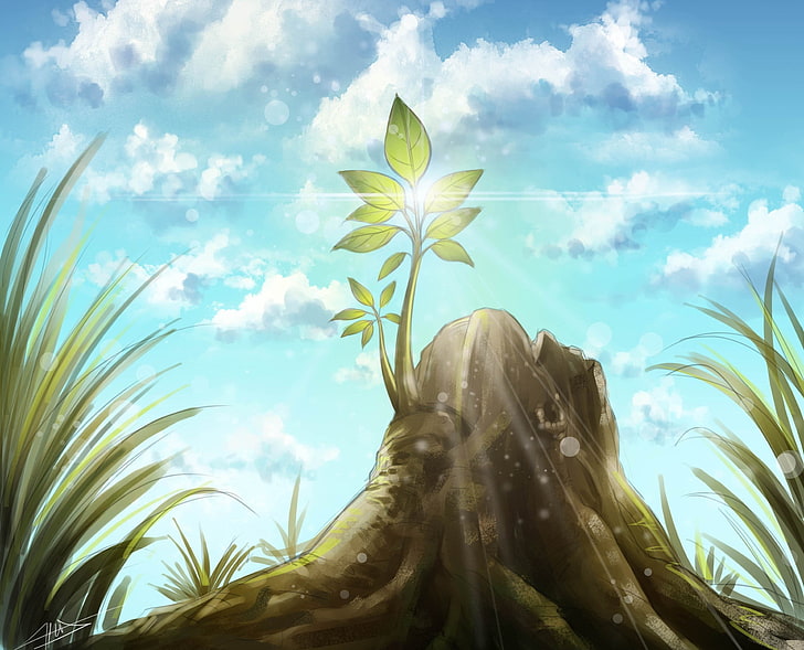 ilustração de carimbo de árvore verde, céu, grama, nuvens, vida, rostock, toco, arte, HD papel de parede