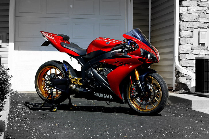 червен и черен спортен велосипед Yamaha, yamaha, r1, червен, sportbike, HD тапет