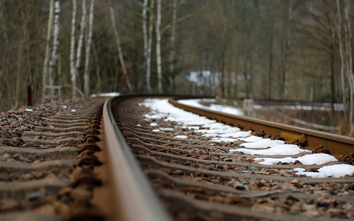 brown train railways, railroad, snow, background, HD wallpaper