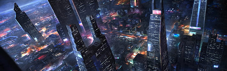 Cidade do futuro, arranha-céus, noite, luzes, design de arte, Futuro, Cidade, arranha-céus, noite, luzes, arte, Design, HD papel de parede