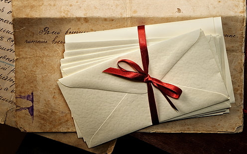 white envelops, letters, envelopes, ribbon, ink, paper, old, vintage, HD wallpaper HD wallpaper