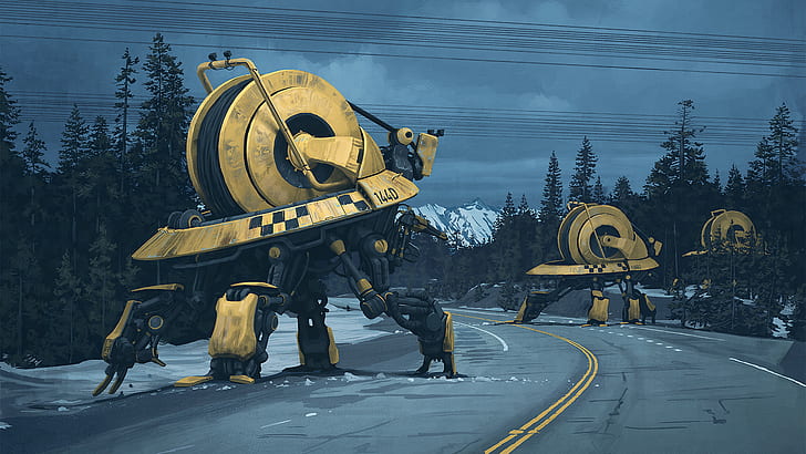 kuning, jalan, apokaliptik, lukisan digital, mesin, Simon Stålenhag, futuristik, cyberpunk, fiksi ilmiah, Wallpaper HD