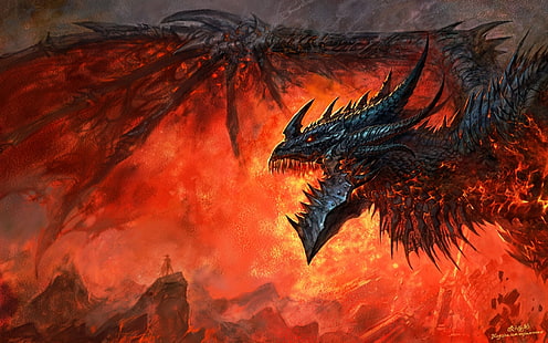 черен дракон илюстрация, пламък, дракон, уау, world of warcraft, катаклизъм, Deathwing, HD тапет HD wallpaper