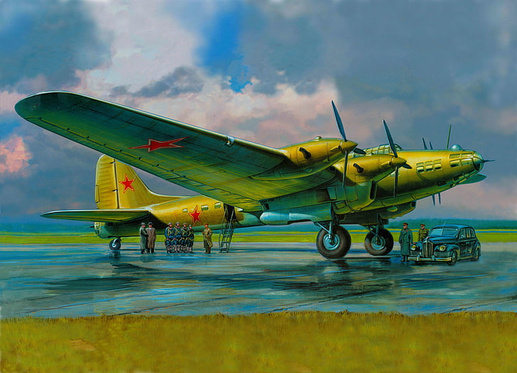 brown aircraft artwork, the sky, clouds, figure, art, the airfield, military, the crew, four-engine, Soviet, PE-8, WWII, the passenger version, senior officials, car, heavy bomber, HD wallpaper