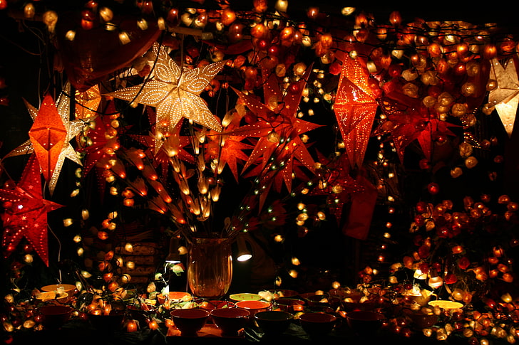 estrelas vermelhas decoração, guirlandas, decoração, natal, decoração, talheres, HD papel de parede
