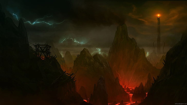 Lord of The Rings digital wallpaper, The Lord of the Rings, Mordor, lava, mountains, fantasy art, Sauron, HD wallpaper