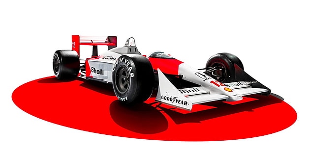 赤と白のF1カー、レースカー、フォーミュラ1、マクラーレンF1、ホンダ、CGI、デジタルアート、白背景、マクラーレンMP4-4、1988年、アイルトン・セナ、伝説、3D、 HDデスクトップの壁紙 HD wallpaper