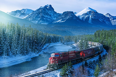 red train, red train on rail photography, train, Canada, landscape, mountains, trees, snow, snowy peak, forest, railway, river, ice, Rocky Mountains, HD wallpaper HD wallpaper