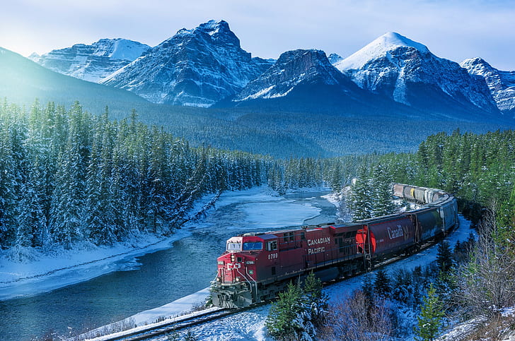 train, river, Canada, snowy peak, snow, Rocky Mountains, railway, mountains, forest, landscape, ice, trees, HD wallpaper