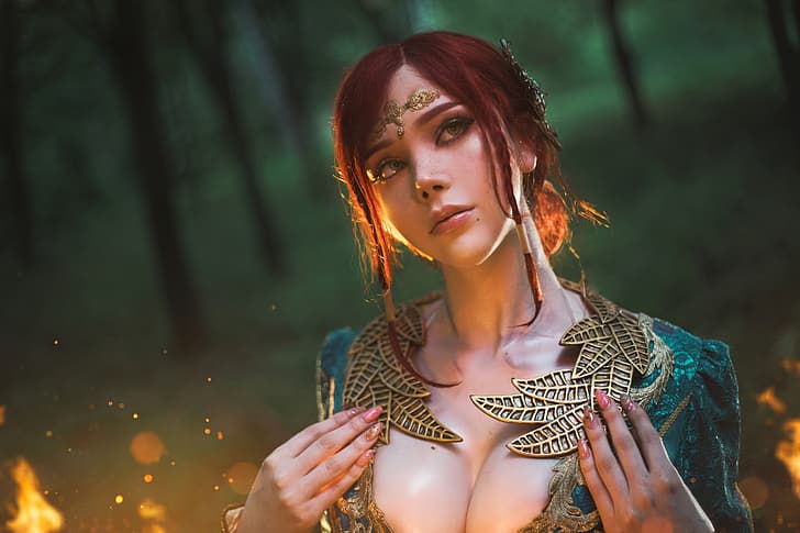 Sayathefox, women, model, redhead, tiaras, freckles, cosplay, Triss Merigold, The Witcher, video games, video game girls, portrait, forest, fire, cleavage, dress, outdoors, women outdoors, HD wallpaper