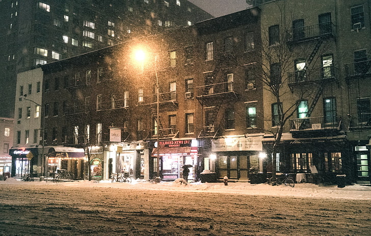 อาคารคอนกรีตสีขาวและดำสหรัฐอเมริกาพายุกลางคืนนิวยอร์กแมนฮัตตัน NYC หิมะนิวยอร์กซิตี้ฤดูหนาวอเมริกาสหรัฐอเมริกาพายุหิมะเจนัสมิดทาวน์ตอนกลางคืน, วอลล์เปเปอร์ HD