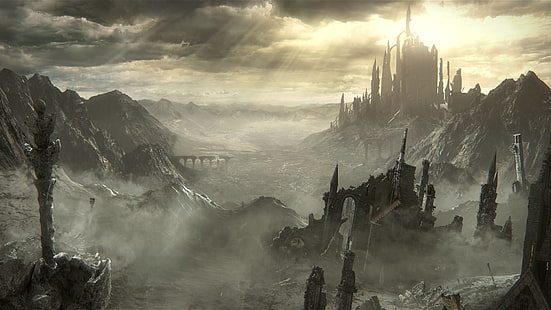 серый и черный замок цифровые обои, Dark Souls III, Dark Souls, Готика, Midevil, Dark, видеоигры, рыцарь, огонь, боевые действия, меч, пейзаж, замок, HD обои HD wallpaper