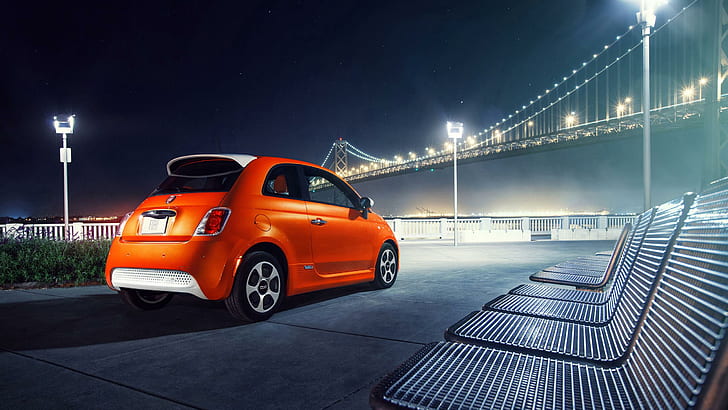 2014 Fiat 500e 2, orange 3 door hatchback, fiat, 2014, 500e, cars, HD wallpaper