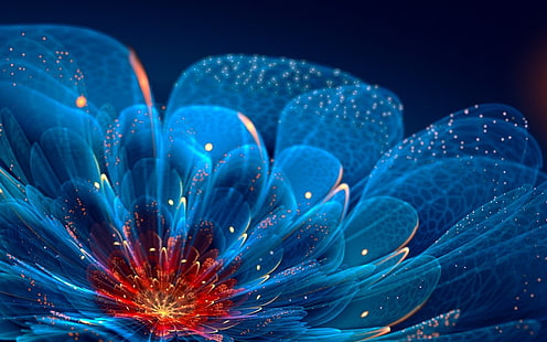 papel tapiz de flor azul, fractal, abstracto, flores fractales, flores azules, Fondo de pantalla HD HD wallpaper