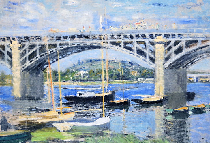 пейзаж, река, картина, лодки, Клод Моне, Мостът над Сена, HD тапет