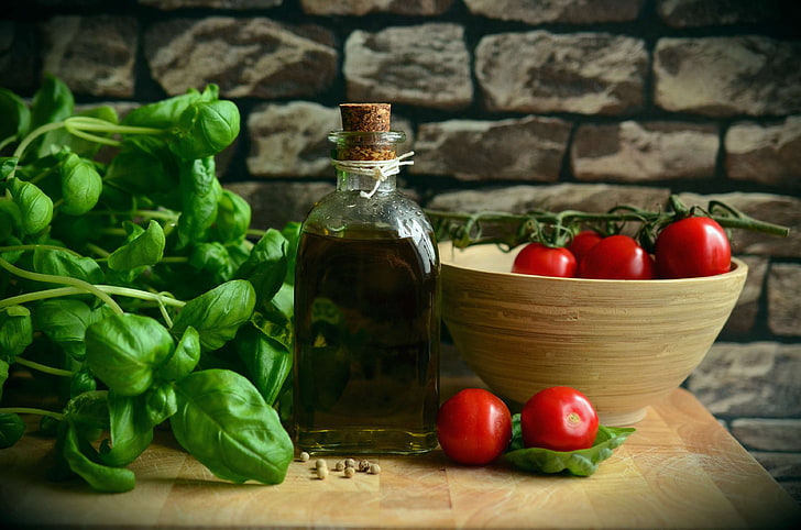kemangi, makanan, segar, bahan-bahan, minyak zaitun, tomat, Wallpaper HD