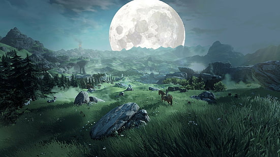 fantasy Art, Green, landscape, Moon, The Legend Of Zelda, HD tapet HD wallpaper