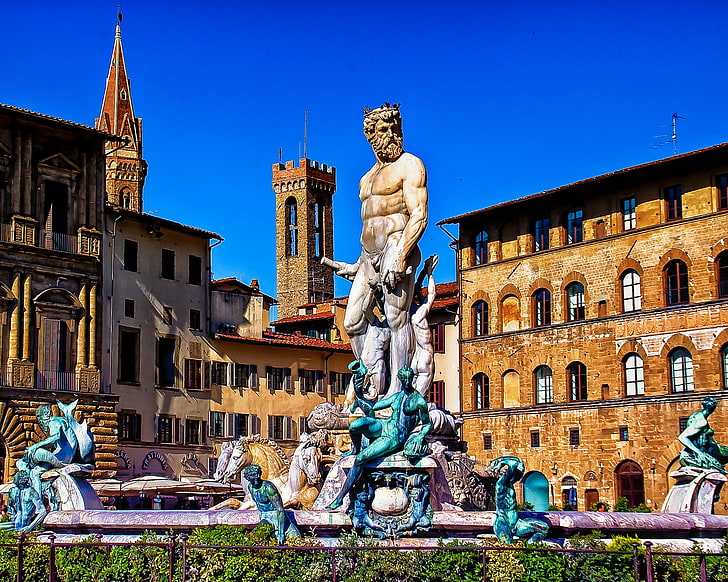Itália, Florença, Piazza della Signoria, a fonte de Netuno, HD papel de parede