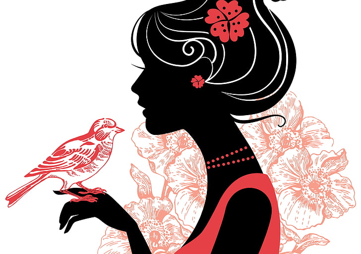 red bird on woman's hand illustration, flower, girl, decoration, eyelashes, style, hair, hand, silhouette, beads, profile, bird, HD wallpaper