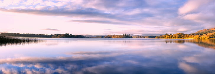 water photo of a sunset, Lonely  water, photo, sunset, Scotland, Trossachs, Lake of Menteith, Inchmahome, Port of Menteith, panorama, nature, lake, reflection, mountain, landscape, water, scenics, outdoors, sky, forest, beauty In Nature, summer, HD wallpaper