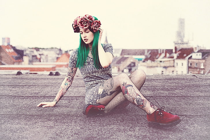 women, red shoes, tattoo, stockings, dyed hair, green hair, rooftops, flowers, looking away, women outdoors, nose rings, piercing, pierced lip, HD wallpaper