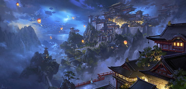 night, the city, lanterns, ling xiang, HD wallpaper