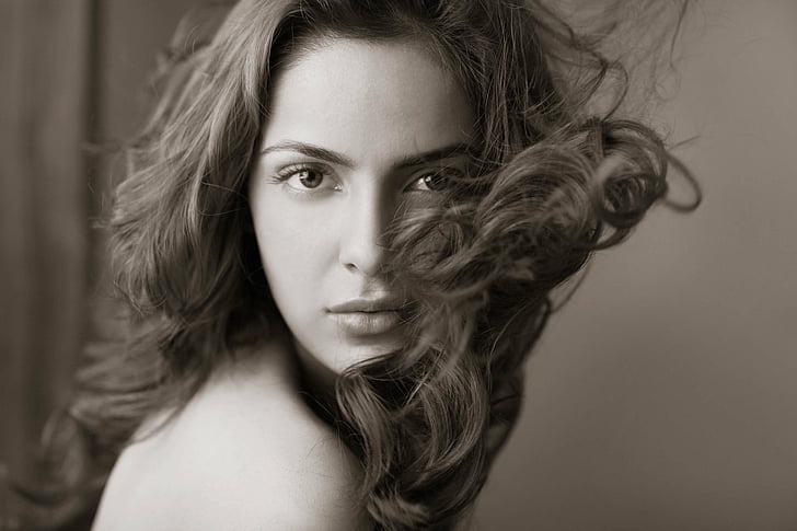 Aktris, Shazahn Padamsee, Bollywood, Close-Up, Keriting, Wajah, Monokrom, Wallpaper HD