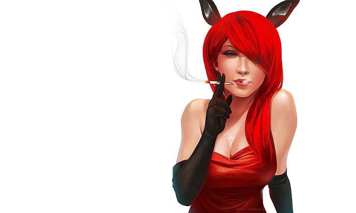 жена, облечена в червена рокля и пушеща цигара дигитален тапет, прост фон, бял фон, дълга коса, червенокоса, зайчишки уши, черни ръкавици, ръкавици за лакти, пушене, деколте, съвместно, HD тапет