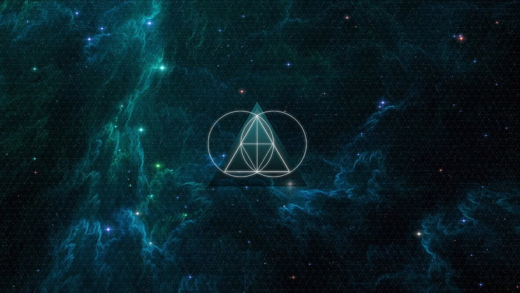logotipo de triángulos y círculos, pintura de galaxias, minimalismo, geometría, geometría sagrada, anime, galaxia, The Glitch Mob, nebulosa, triángulo, Fondo de pantalla HD