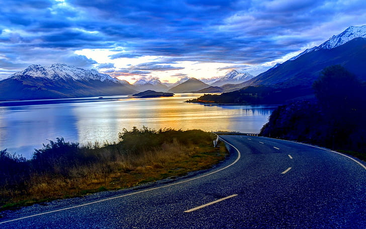 Vägen till sjön, landskap, berg, sjö, väg, natur, Nya Zeeland, moln, natur och landskap, HD tapet