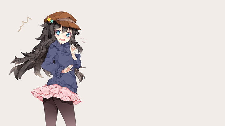 female anime character standing illustration, anime, anime girls, simple background, gray background, original characters, chico152, blue eyes, black hair, skirt, long hair, pantyhose, hat, HD wallpaper