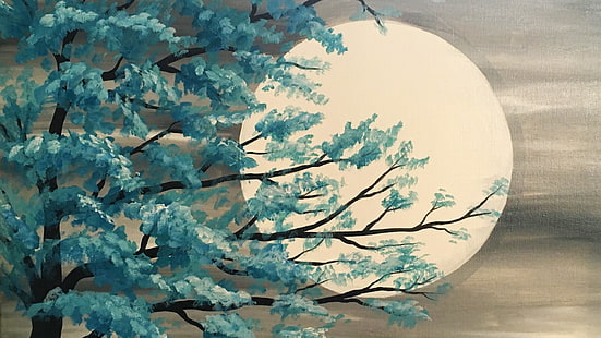 فني ، رسم ، فرع ، اكتمال القمر ، قمر ، شجرة، خلفية HD HD wallpaper