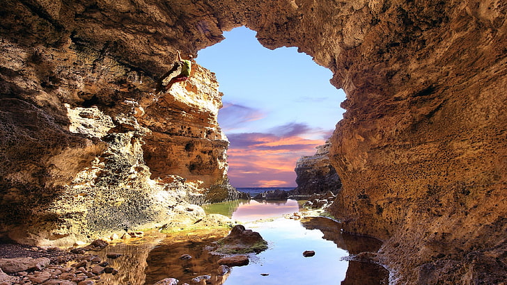 cave, seaside, rock, nature, natural arch, sky, rock formation, cliff, grotto, water, sea cave, landscape, arch, HD wallpaper