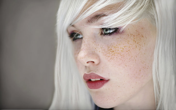woman's face, Devon Jade, freckles, blonde, green eyes, women, face, model, white hair, portrait, blue eyes, HD wallpaper