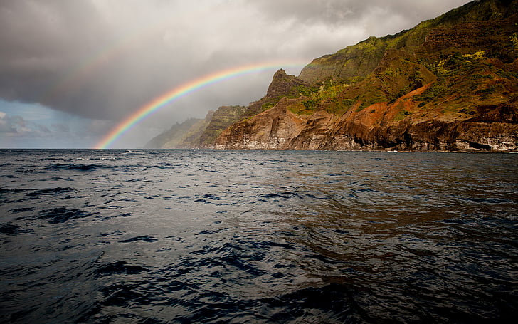 coast, island, ocean, rainbow, HD wallpaper