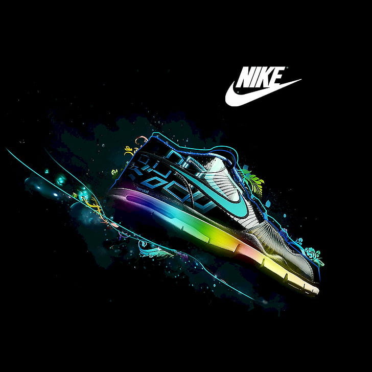 Лога, Nike, известна спортна марка, тъмен фон, обувка, цветни лъчи, черен тийк и жълт маратонка nike, лога, nike, известна спортна марка, тъмен фон, обувка, цветни лъчи, HD тапет