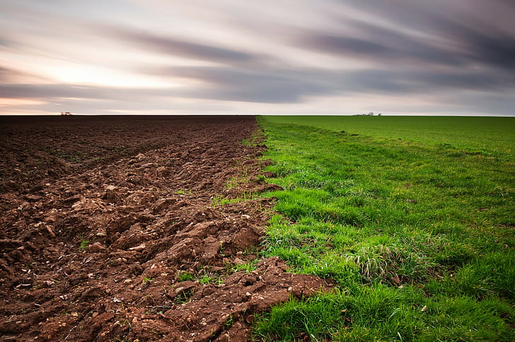 landscape, field, grass, dirt, green, brown, clouds, HD wallpaper