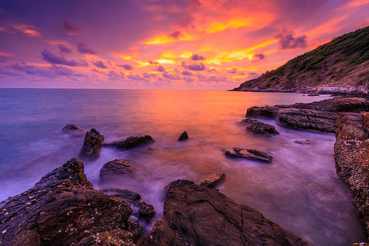 sea, wave, beach, summer, the sky, sunset, stones, shore, sky, pink, seascape, beautiful, sand, purple, HD wallpaper