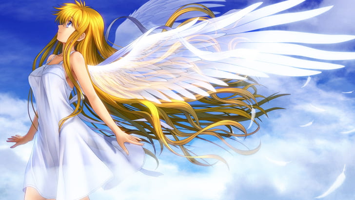 Красивая девушка аниме крылья ангела белые перья, Красивая девушка аниме ангела, Крылья ангела, Белые, Перья, HD обои