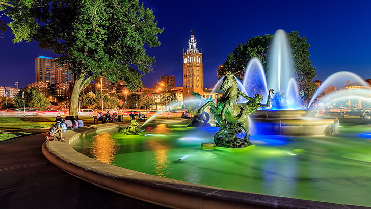 статуя зеленого человека на коне, площадь, фонтан, Миссури, скульптура, Канзас-Сити, Кантри Клаб Плаза, Мемориальный фонтан Дж. К. Николса, HD обои