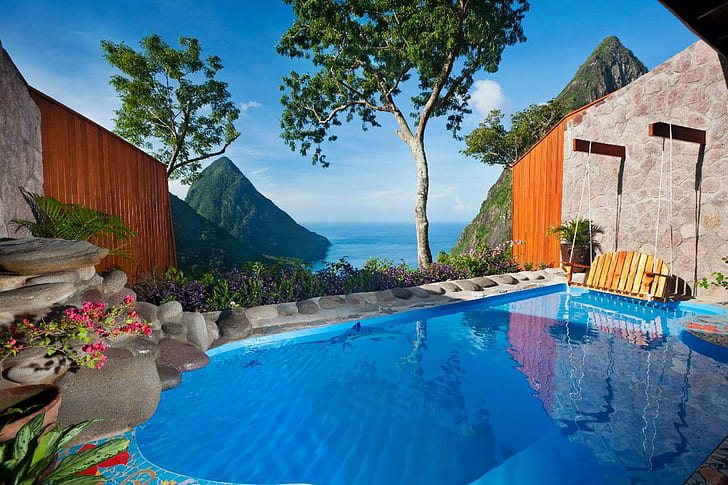 Luxury Pool Clifftop Hideaway, cliff, st-lucia, hot-tub, ocean, caribbean, villa, paradise, luxury, pool, island, view, hotel, tropical, HD wallpaper