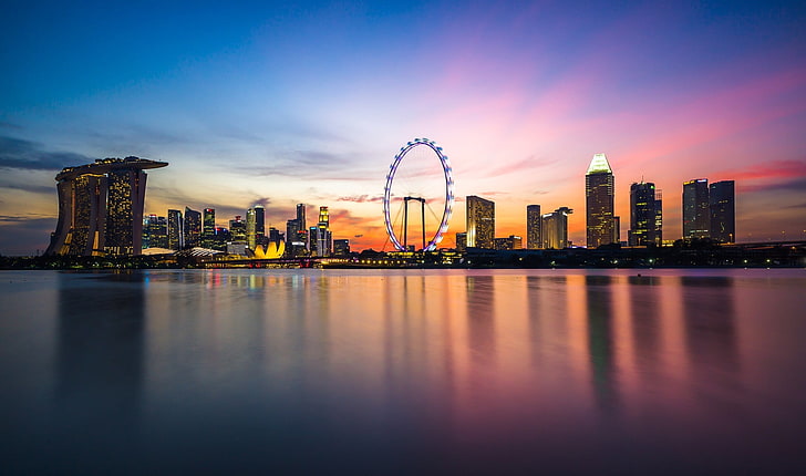 흑백 콘크리트 건물, 관람차, 도시, 싱가포르, HD 배경 화면