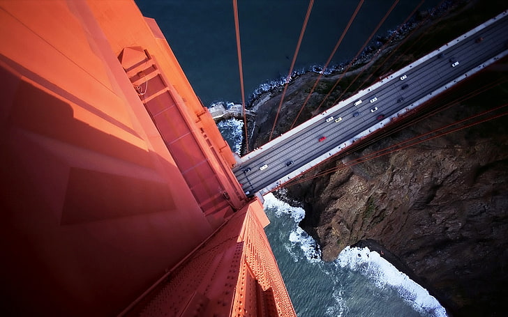 Aerial View, Birds Eye View, bridge, Golden Gate Bridge, road, rock, San Francisco, HD wallpaper