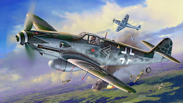 graue Flugzeug Tapete, Abbildung, Kunst, Angriff, Messerschmitt, Luftwaffe, Il-2, Abfangen, einmotoriger Kolben Fighter-Low, Gustav, Erla, Bf.109G-10, HD-Hintergrundbild